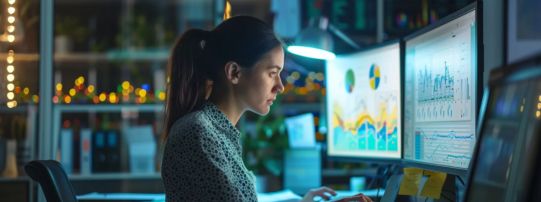 a woman sitting at a computer analyzing data on a large screen with charts and graphs displayed.