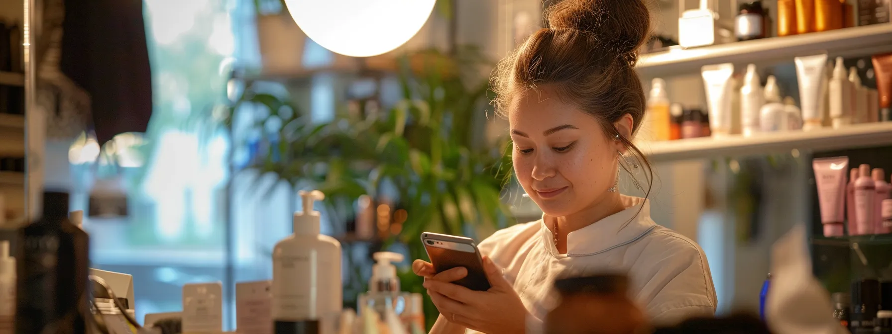 a hairstylist using a smartphone to update their salon's google my business listing.