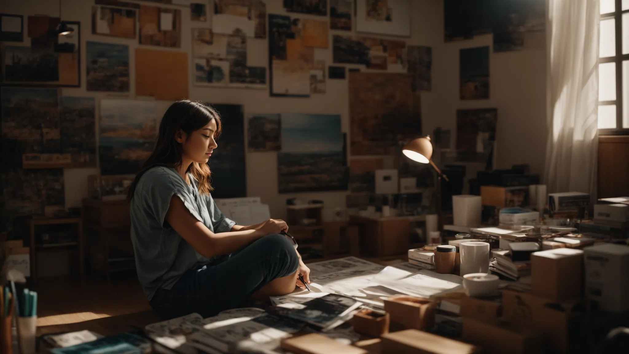 a person sitting in a cozy room, surrounded by art supplies and a blank canvas, deep in thought as they trust their instincts to create something new.