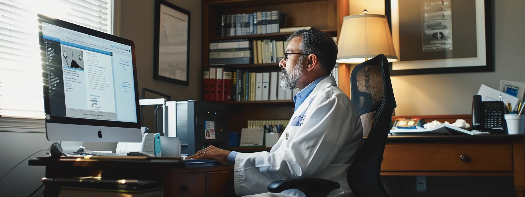 a psychiatrist sitting at a desk with a computer screen displaying a website optimization tool.