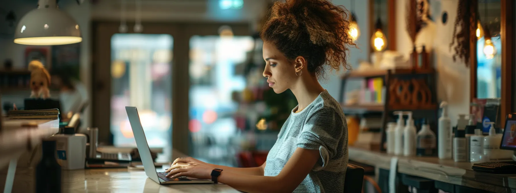 a hair salon owner working on a laptop, analyzing seo strategies for online visibility.