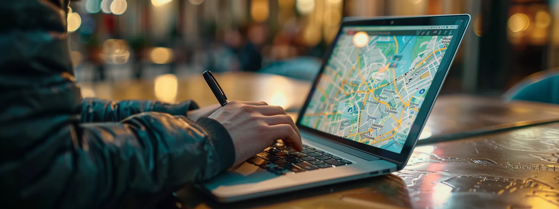 a person typing on a laptop with a map of melbourne displayed on the screen, surrounded by notes and keywords related to the city.