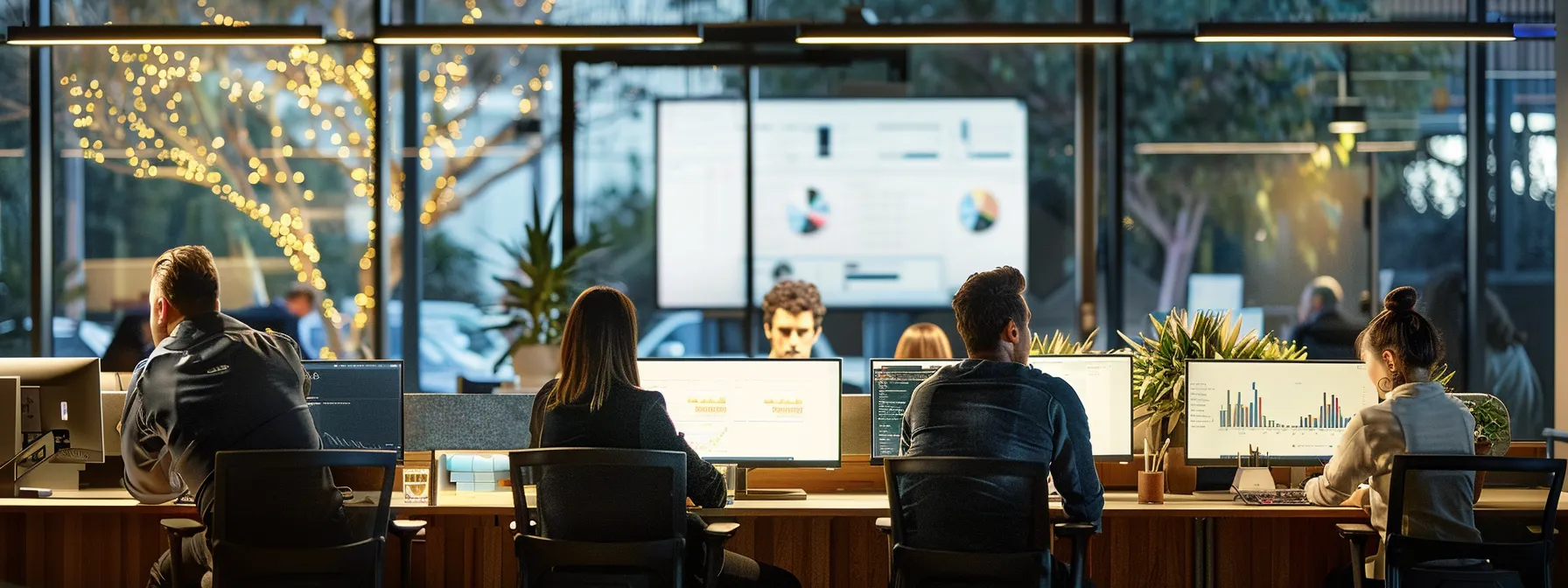 a group of professionals analyzing data on computer screens in an office in melbourne.