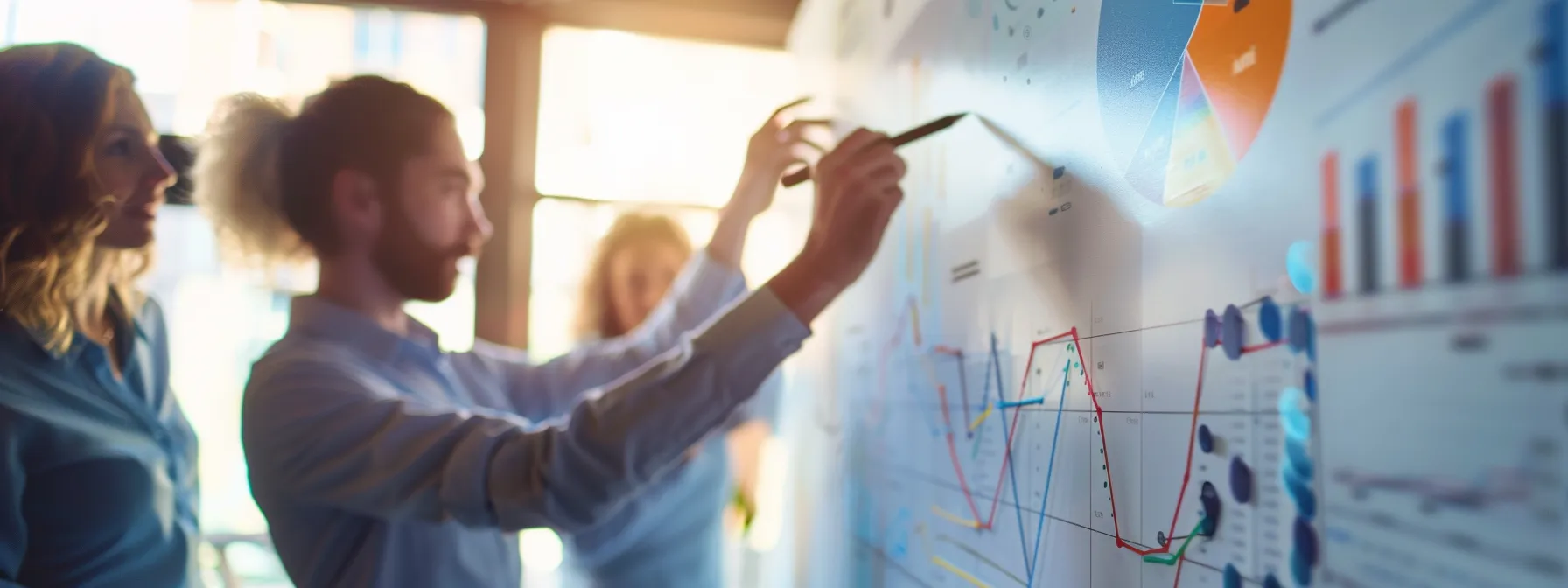 a sales team discussing and analyzing data on a whiteboard, with charts and graphs displayed.