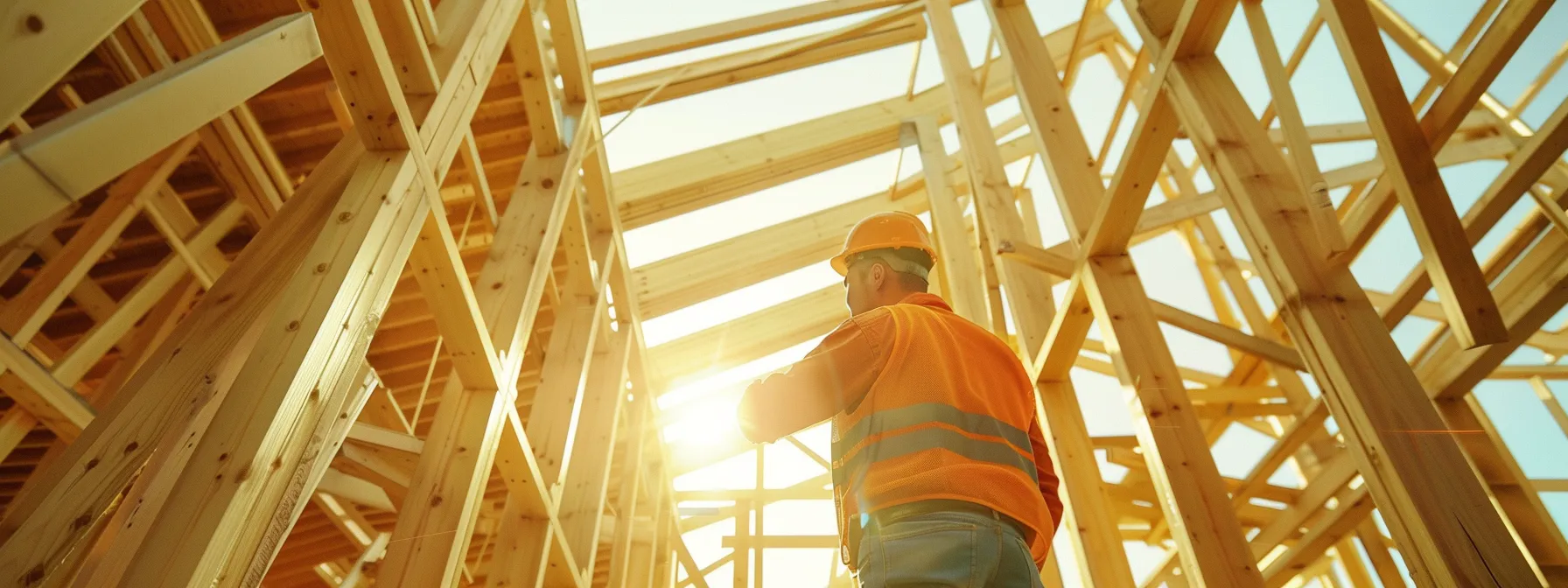 a carpenter examining a completed intricate wood frame structure.