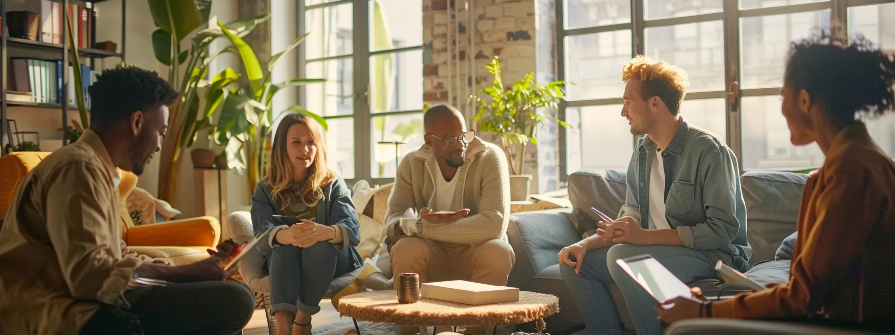 a diverse group of professionals brainstorming ideas in a modern office setting.