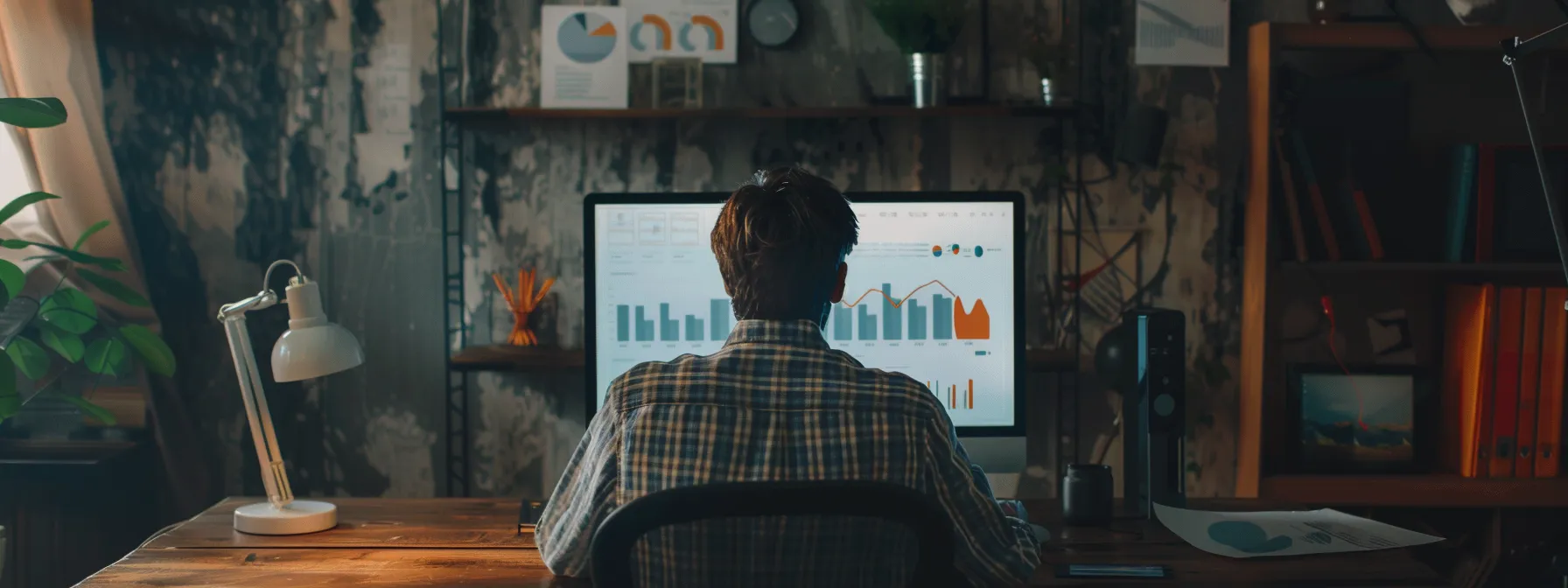 a person sitting at a desk with a computer screen showing various seo tools and charts.