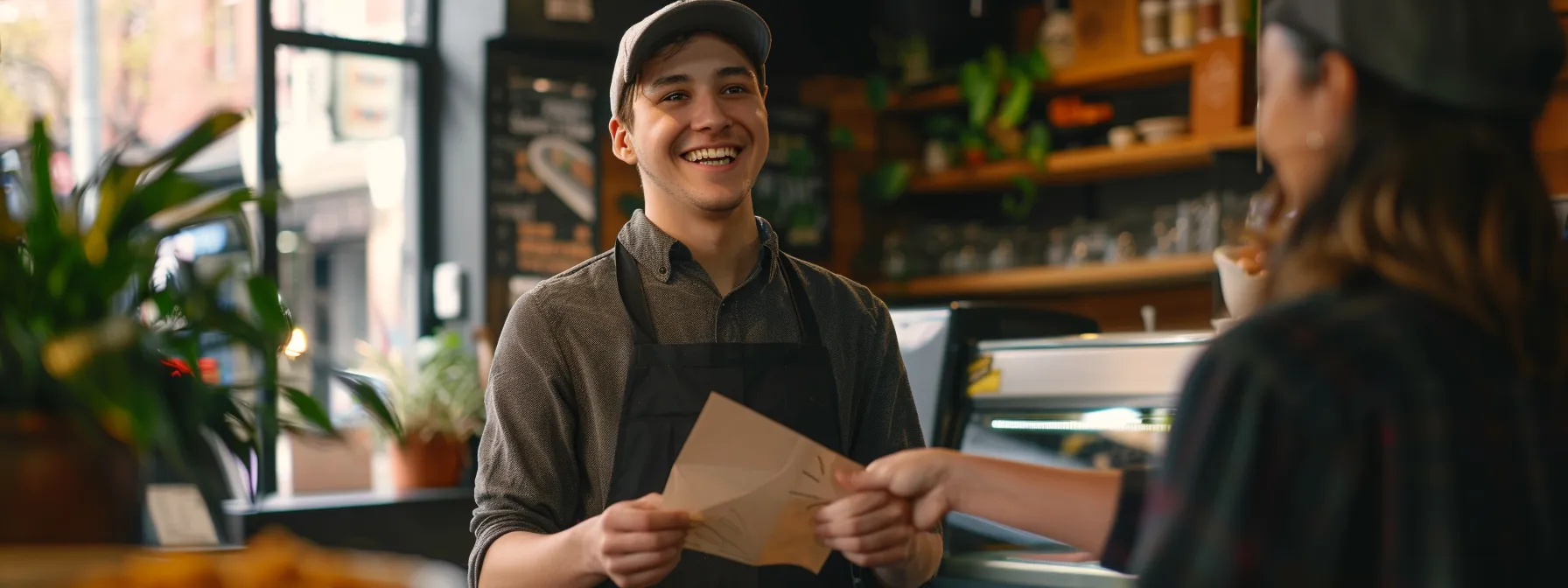 a smiling business owner handing a thank-you note to a satisfied customer in melbourne.