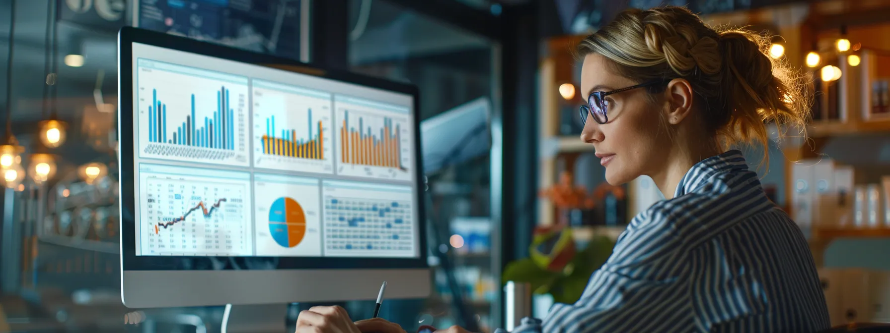 a salon owner looking at a computer screen displaying analytics and data for their paid advertising campaigns.