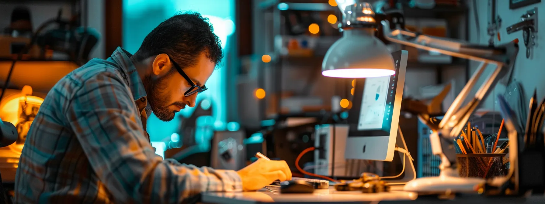 a locksmith working on a computer, researching and compiling a list of targeted keywords for seo.