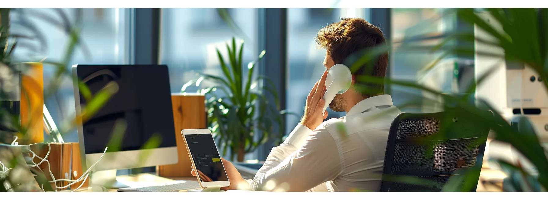 a salesperson making a cold call while sitting at their desk with a phone in hand.