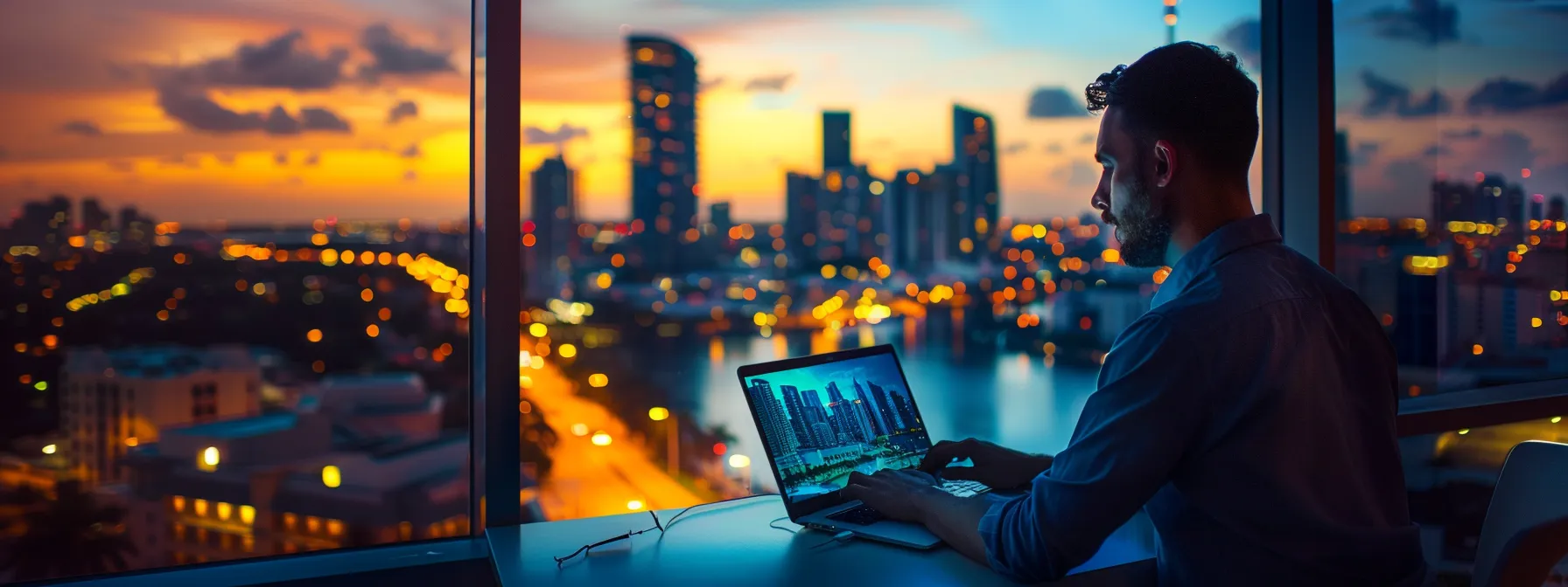 a business owner updating their google my business listing on a laptop in front of a panoramic view of melbourne, fl skyline.