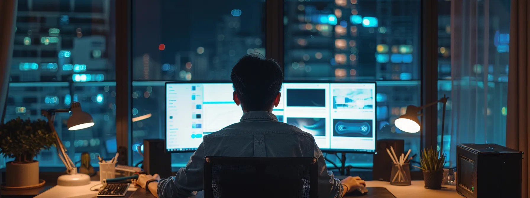 a person at a computer screen with various social media platforms open, looking focused and determined in a modern office setting in melbourne.