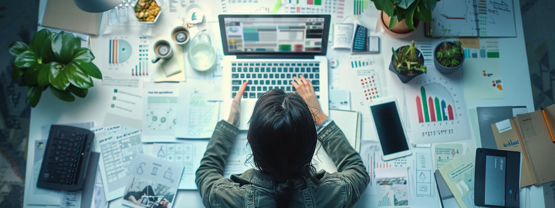 a person working on a laptop surrounded by various marketing materials and a whiteboard with brainstorming notes.