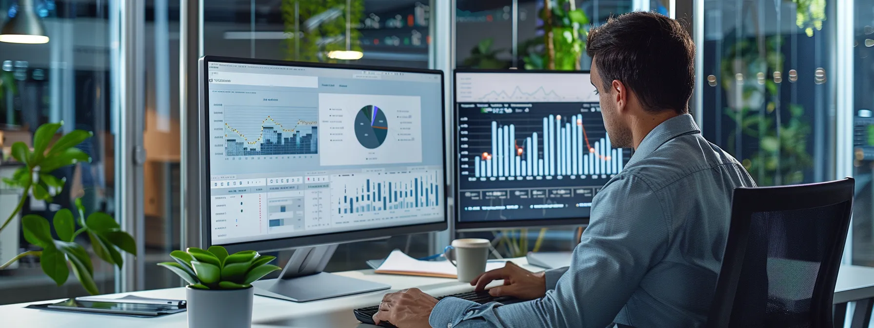 an individual analyzing ppc performance data on a computer screen in a modern office setting.