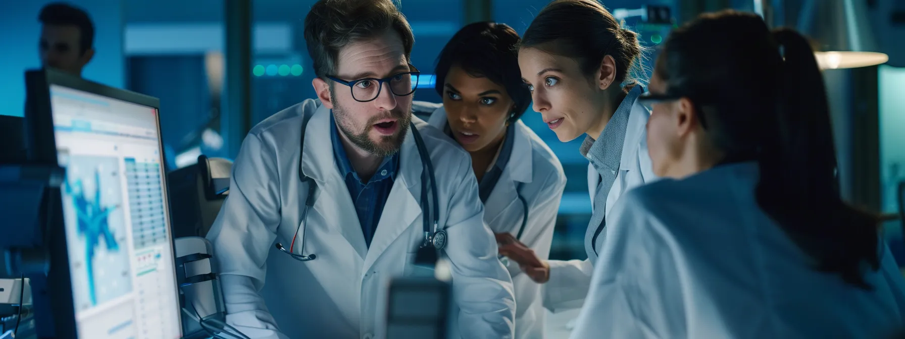 a group of eye care professionals discussing seo strategies while looking at a computer screen showing search engine results pages.