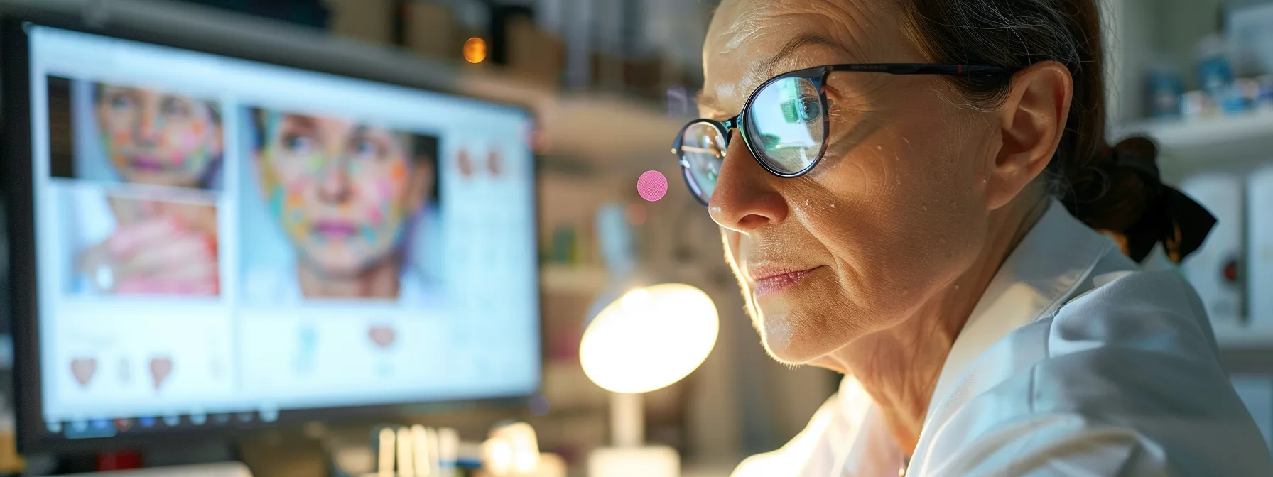 a dermatologist examining a patient's skin condition with a computer displaying informative dermatology content in the background.