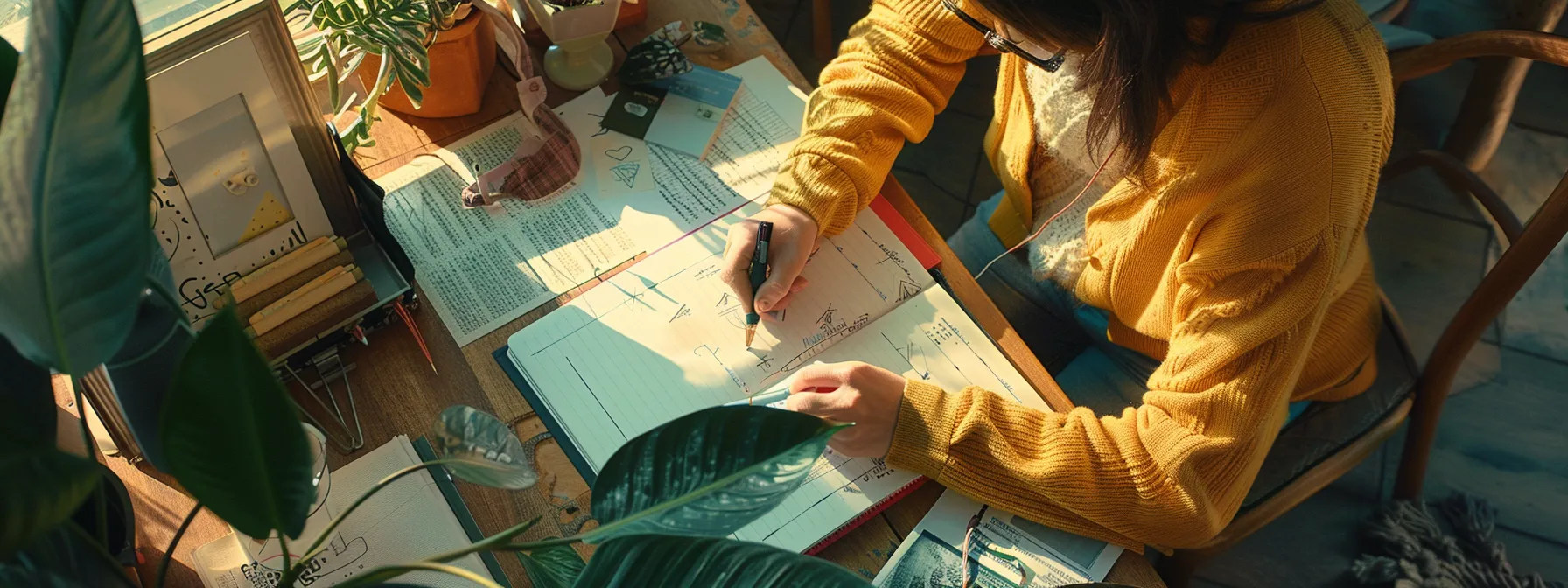 a person sitting at a desk with a pen and notebook, brainstorming and planning their goals.