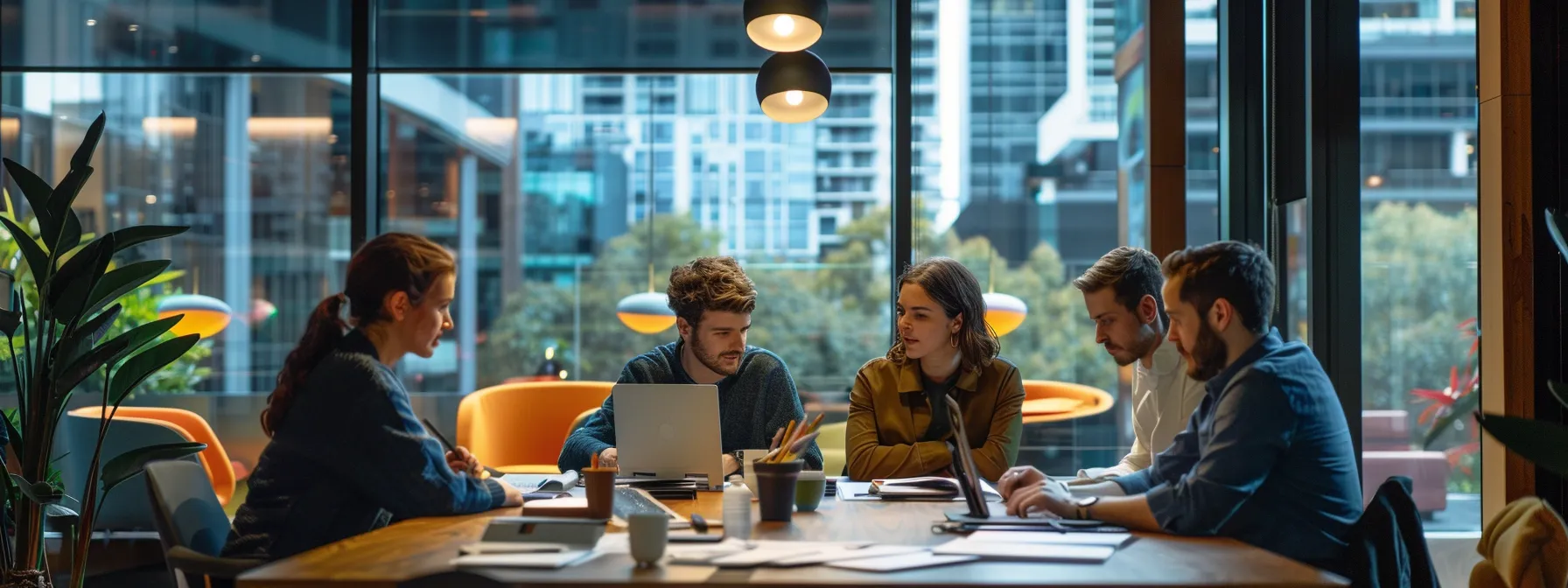 a group of professionals brainstorming creative content ideas in a modern office in melbourne.