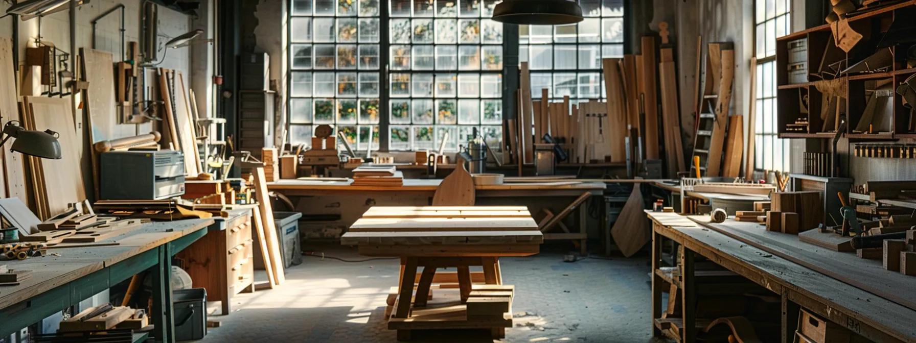 a person demonstrating a woodwork technique in a workshop filled with wooden furniture and tools.