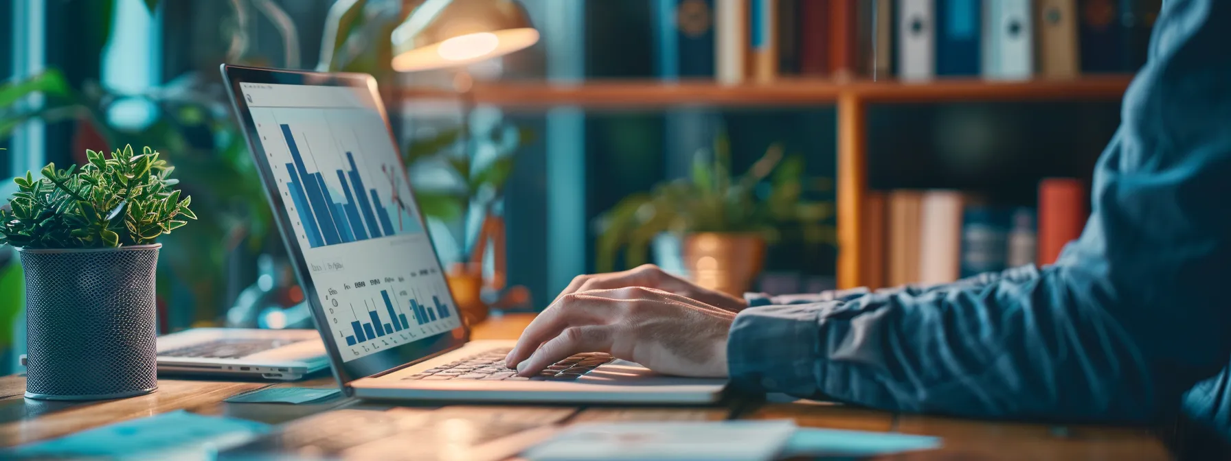 a person typing on a laptop, surrounded by seo optimization books and notes, with graphs and charts on the screen showing increased traffic and leads.