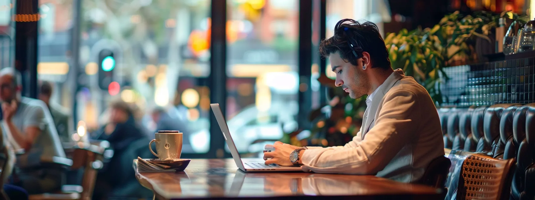 a digital marketing specialist analyzing seo data on a laptop in a bustling melbourne cafe.