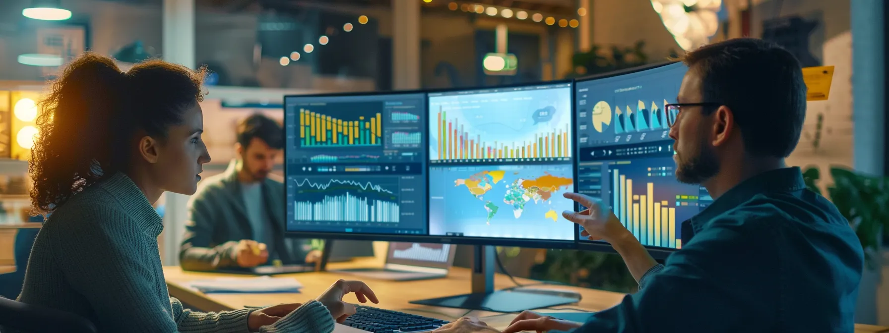 a team of workers collaborating around a computer screen with charts and graphs.