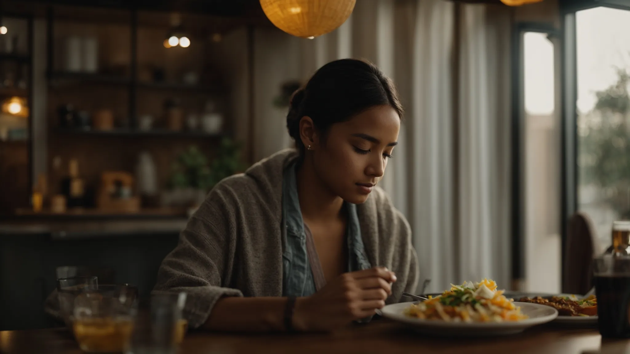 a person sitting at a table, eyes closed, savoring a delicious meal with a peaceful expression on their face.