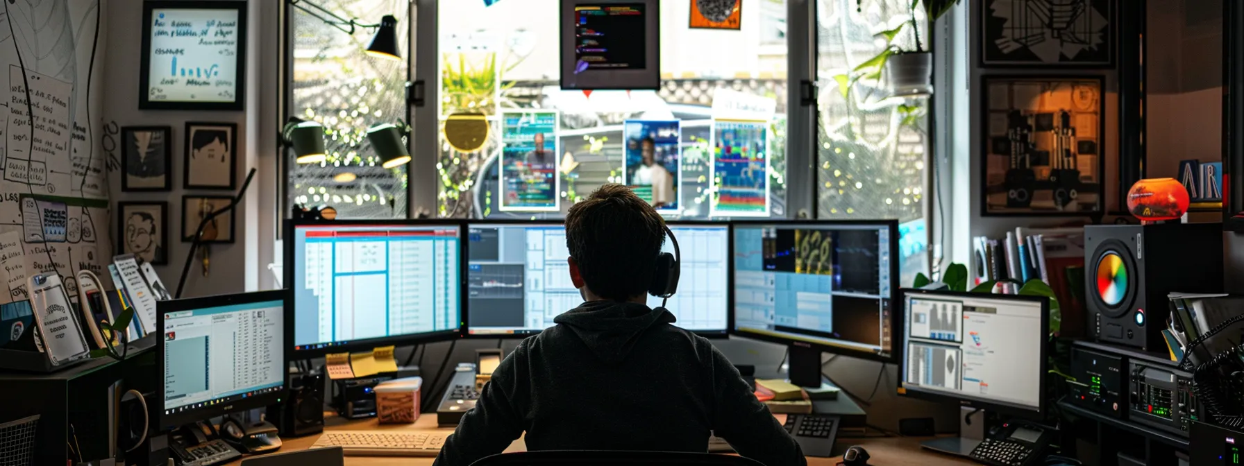 a person sitting at a desk, surrounded by computer screens showing keyword research tools and data related to the melbourne market.