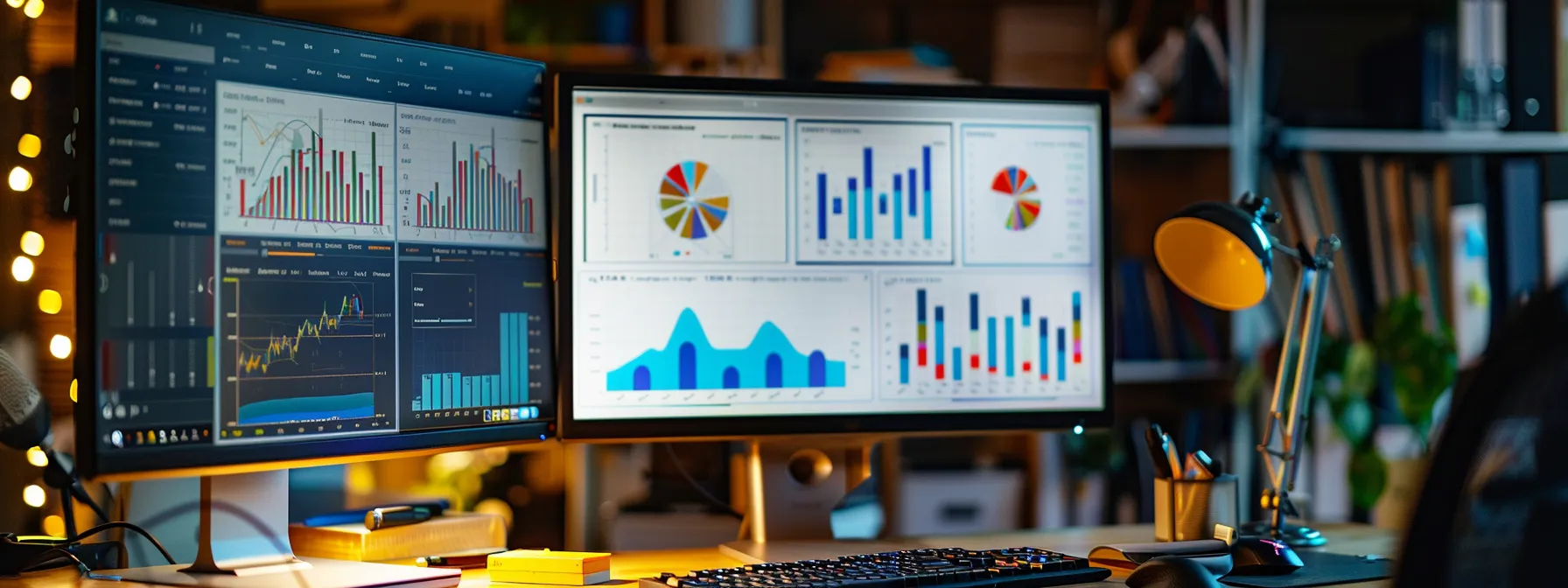 a person analyzing data on a computer screen with various graphs and charts displayed.