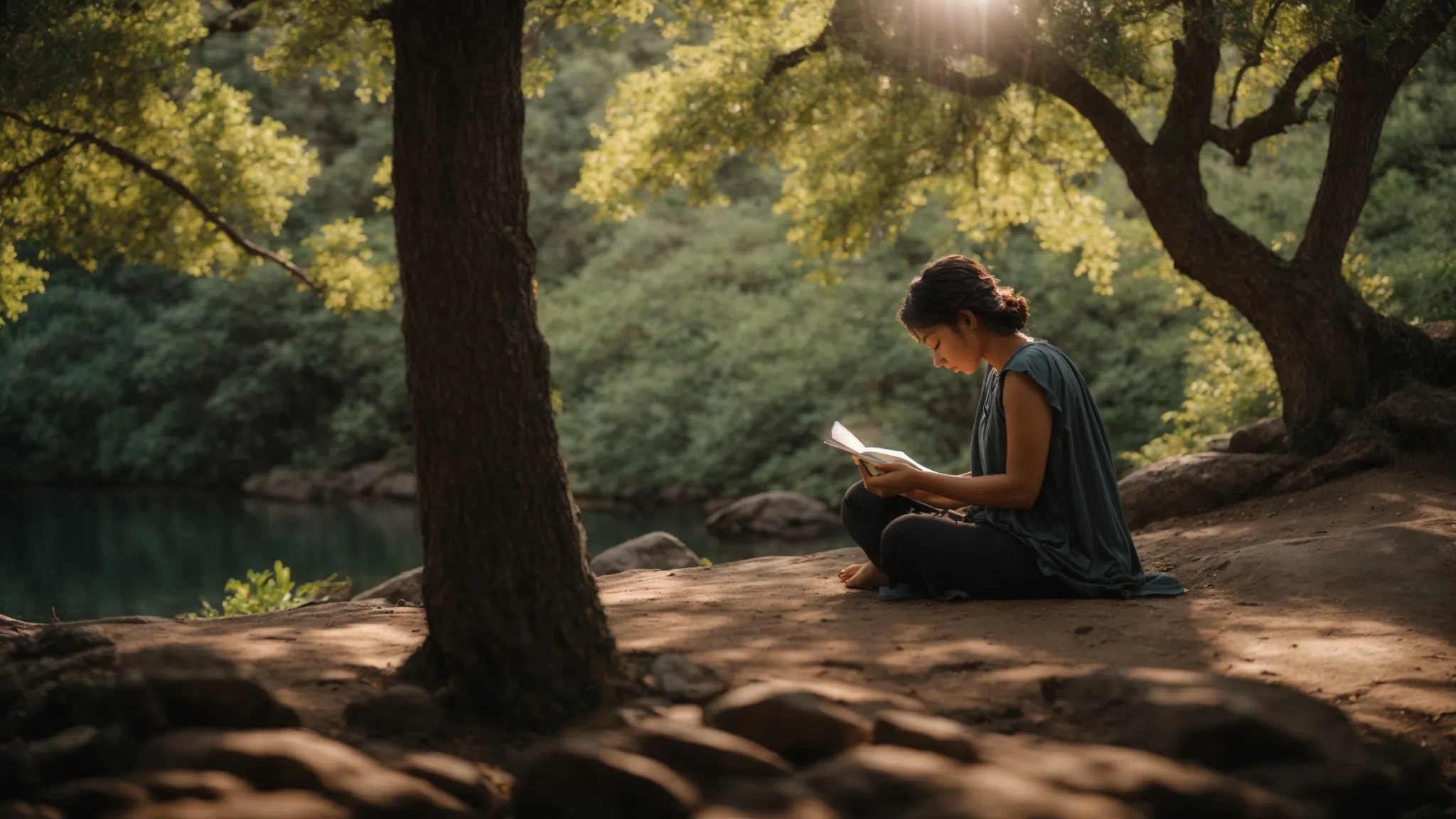 a person sitting in a peaceful, serene setting, surrounded by nature, meditating and journaling their thoughts and feelings to enhance their self-awareness and intuition.